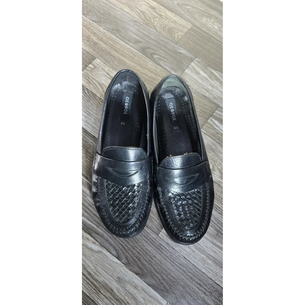 George‎ Men's Leather Slip-On Loafers US 8.5W Black Penny Loafer Woven Toe